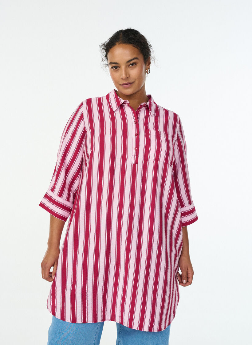 Kr&oacute;tka sukienka z kolnierzykiem i kieszenia na piersi, R&oacute;żowy, Model image number 0