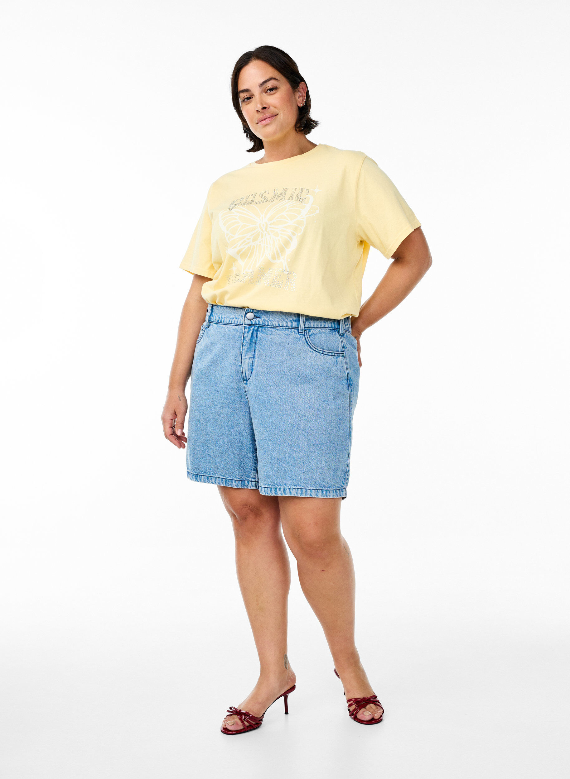 Zizzi Koszulka z bawelny organicznej z krysztalkami i motywem motyla, Beżowy, Model image number 1