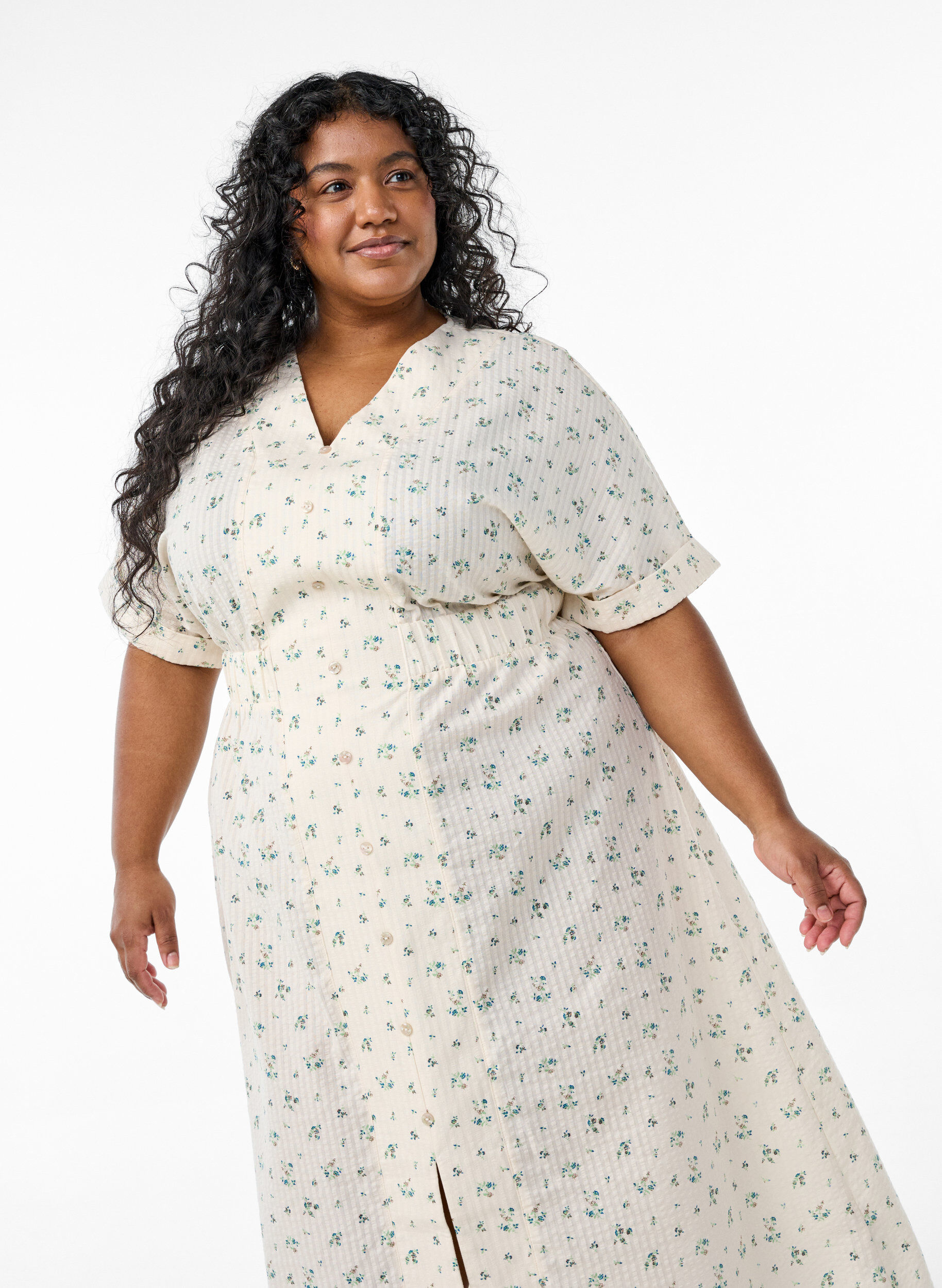 Zizzi Sukienka midi z kr&oacute;tkimi rekawami i rozcieciem z przodu, Biały, Model image number 2