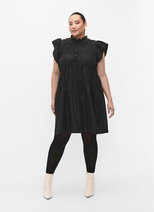 Sukienka z falbanami i elastycznymi odcieciami, Black, Model image number 4