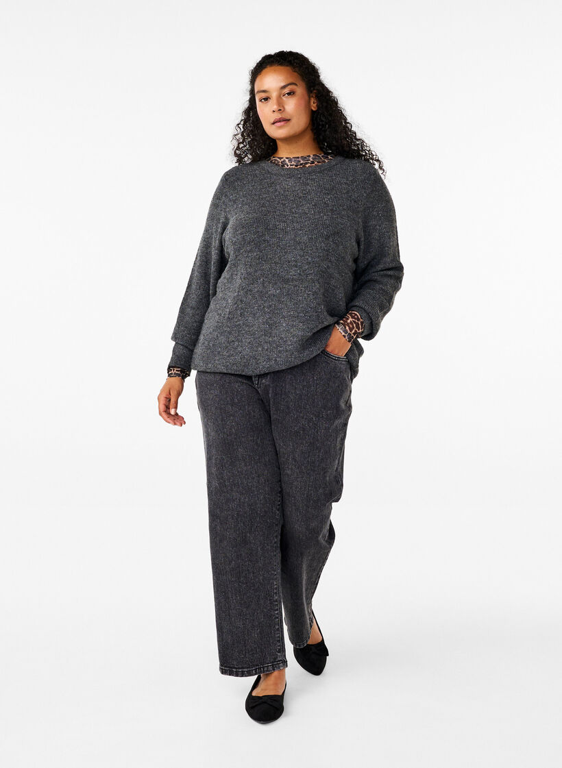 Melanzowy sweter z okraglym dekoltem, Dark Grey Black Mel., Model image number 2