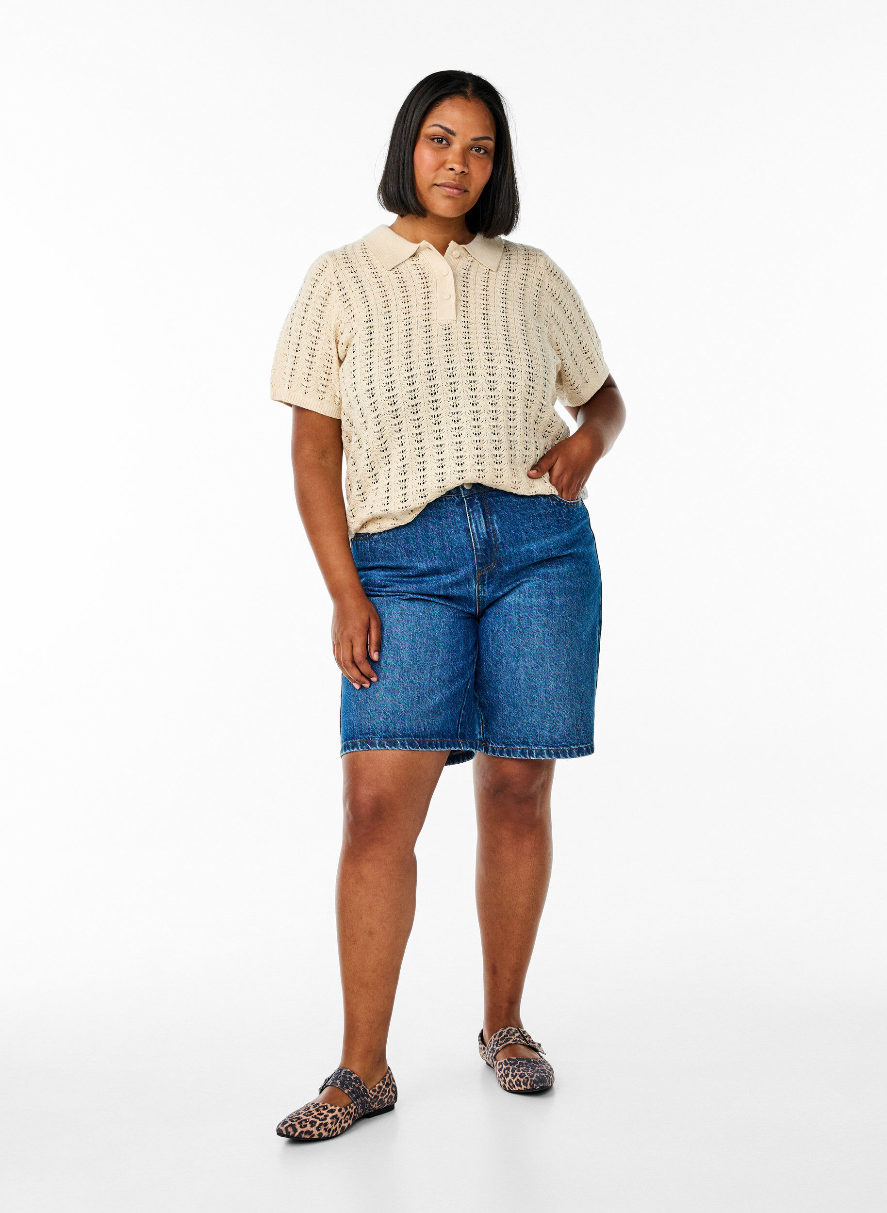 Zizzi Dzianinowa koszulka polo z oczkami, Beżowy, Model image number 1