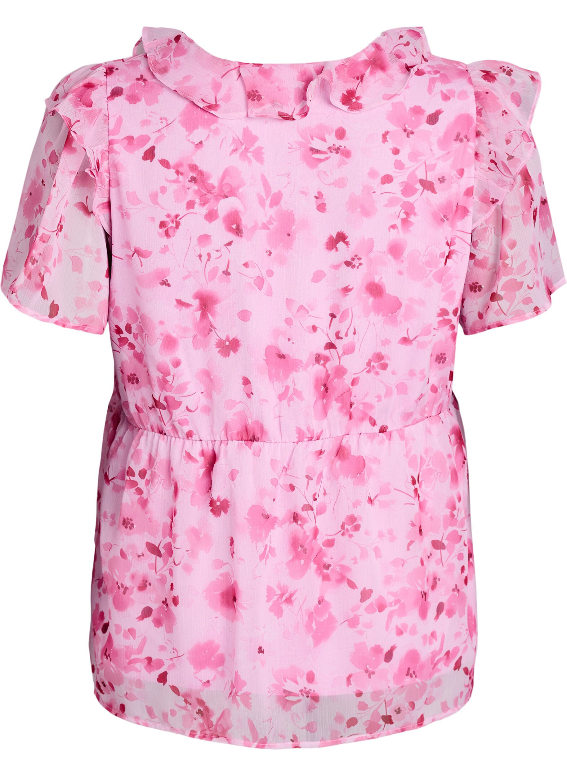 ZizziBluzka z kwiatowym wzorem, z falbanka na kolnierzu i efektem peplum, R&oacute;żowy, Packshot image number 1