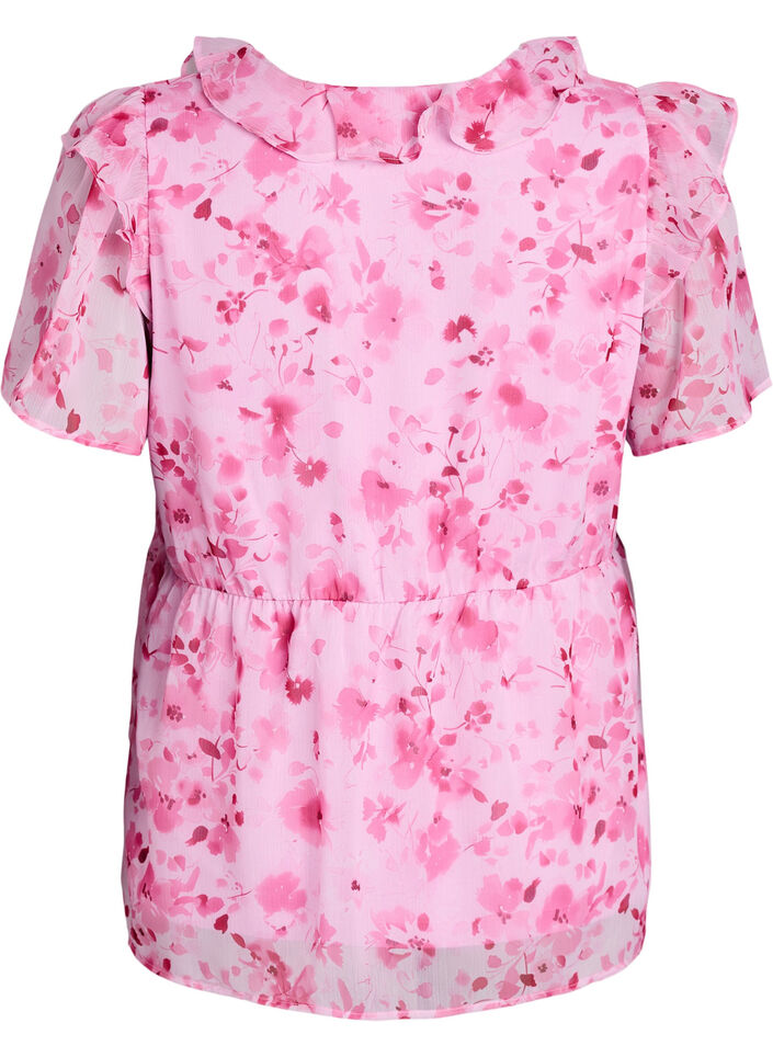 Bluzka z kwiatowym wzorem, z falbanka na kolnierzu i efektem peplum, R&oacute;żowy, Packshot image number 1
