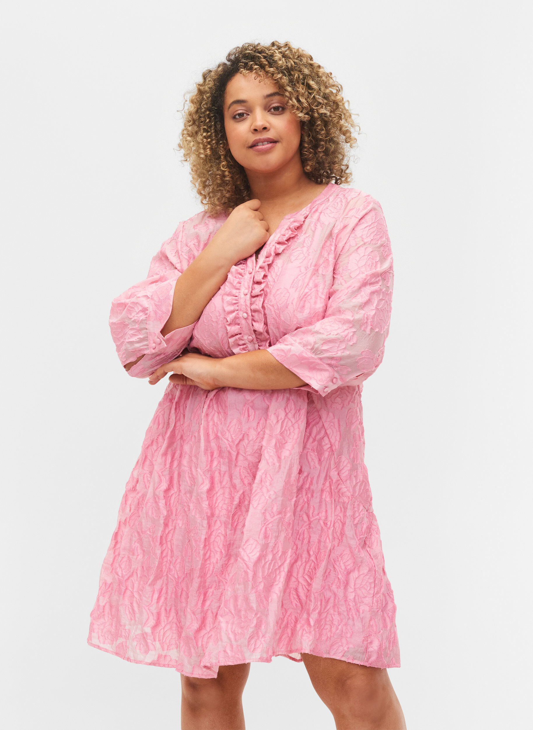 Zizzi Jacquard A-line dress with ruffles, Cashmere Rose, Model image number 0