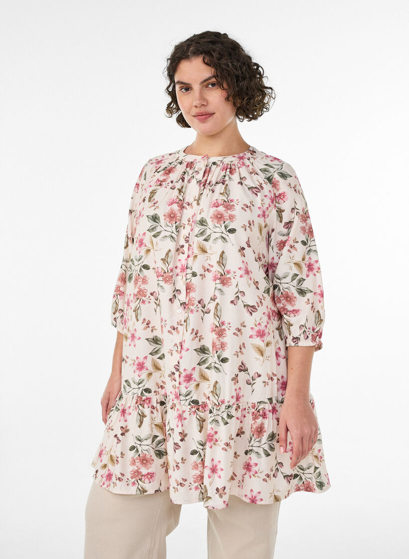 Tunika w kroju A z wiskozy z rekawami 3/4, Biały, Model image number 0