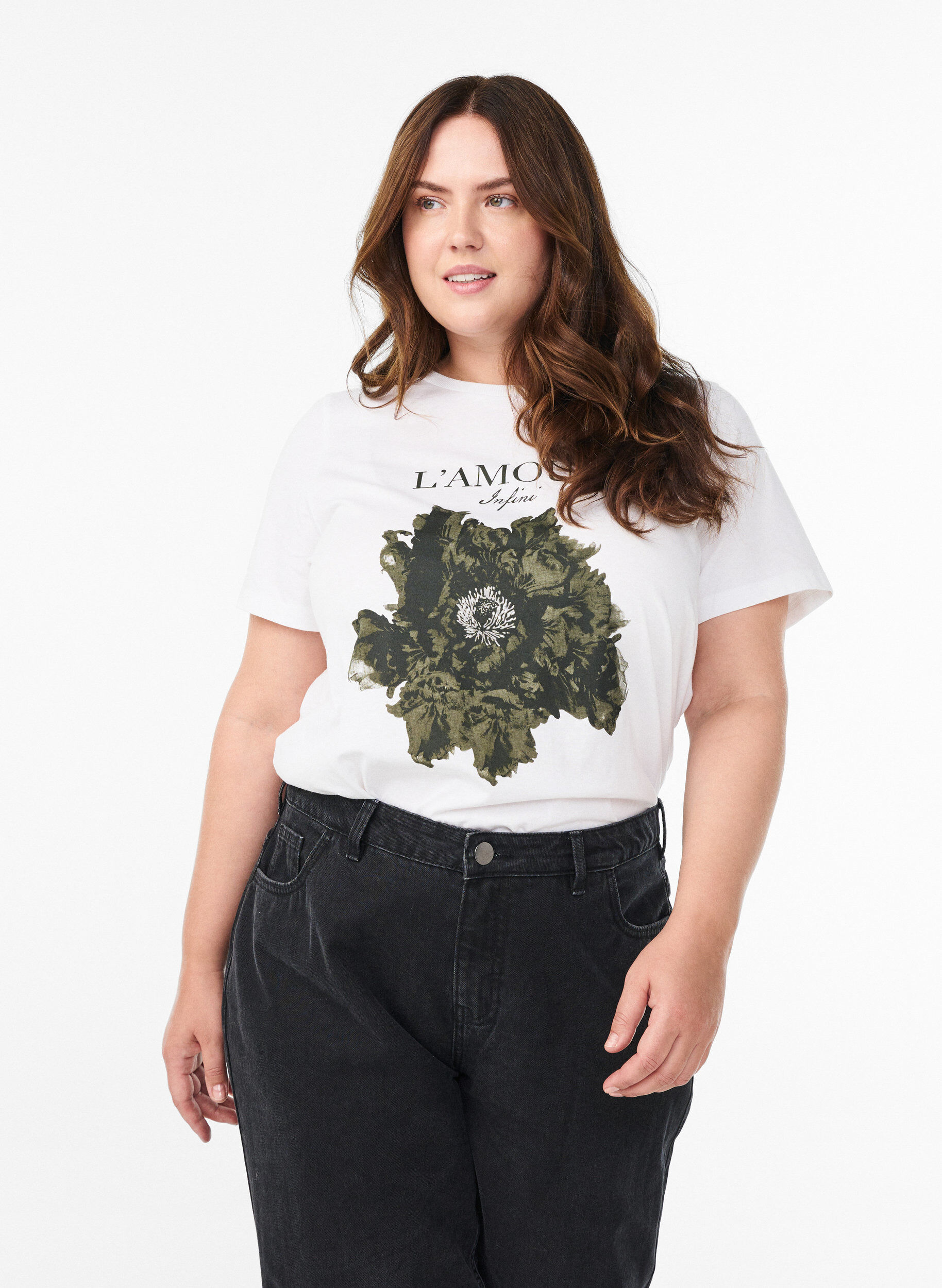 Bawelniana koszulka z nadrukiem z przodu, Biały, Model