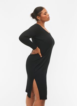 Dopasowana sukienka z dlugimi rekawami i rozcieciem, Black, Model image number 2