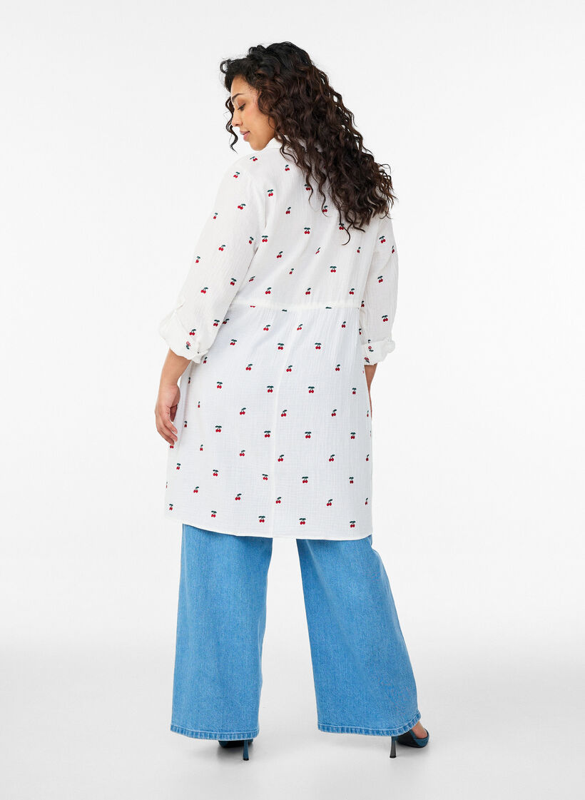 Sukienka koszula z bawelnianej muslinu z haftowanymi motywami, Biały, Model image number 2