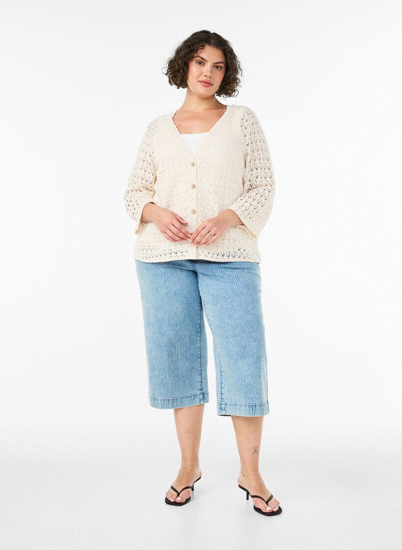 Dzianinowy kardigan z azurowym haftem i dekoltem w szpic, Beżowy, Model image number 1