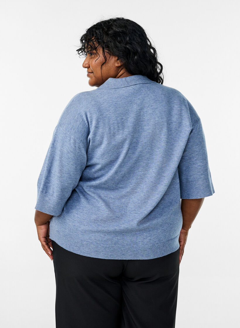 Dzianinowa bluzka z kolnierzykiem i krótkimi rekawami, Niebieskie, Model image number 2