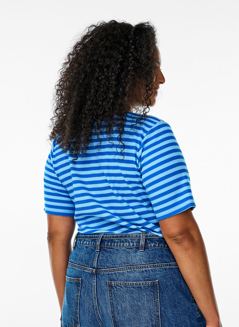 T-shirt w paski o prazkowanej fakturze, Niebieskie, Model image number 2