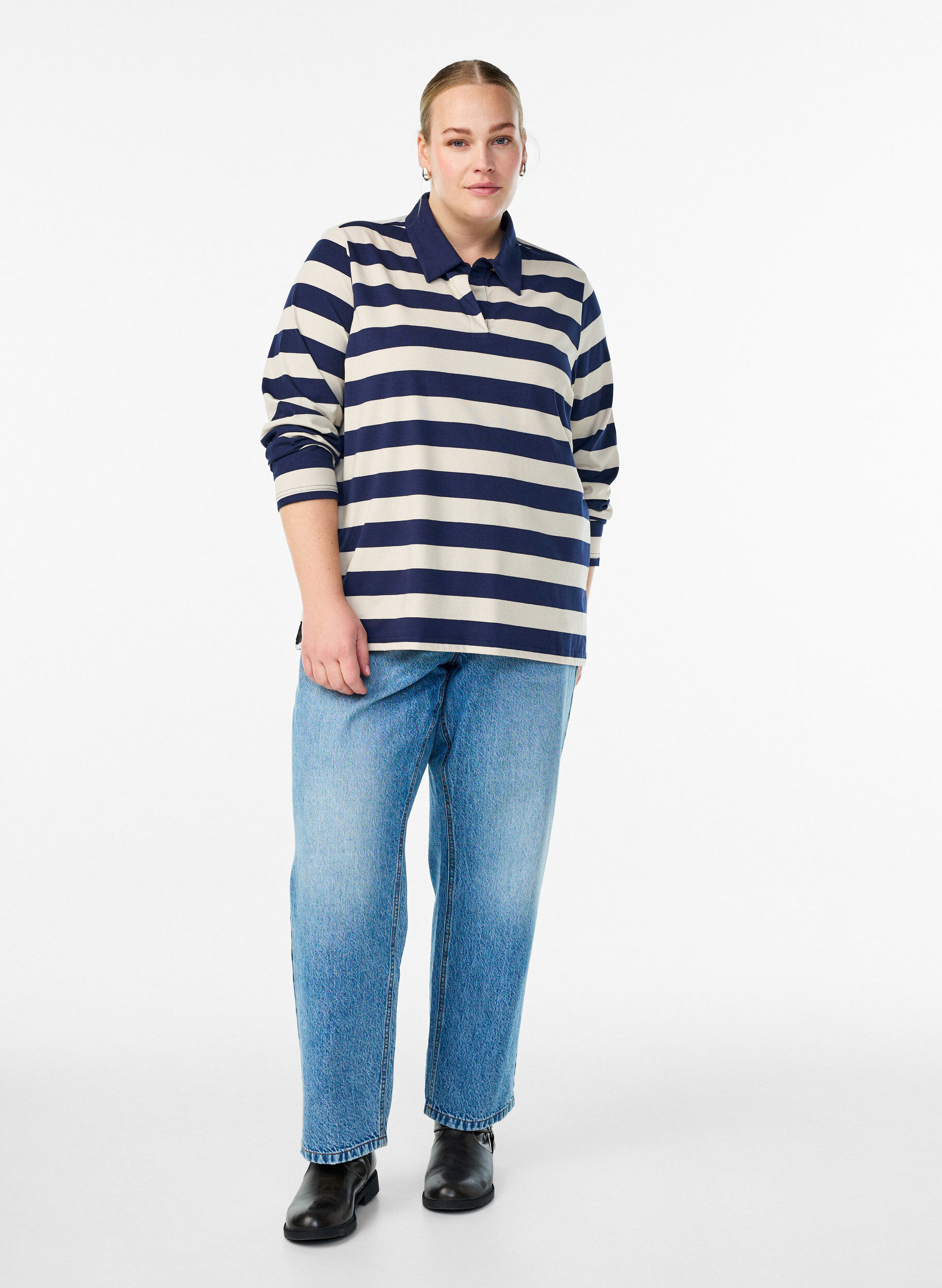 Zizzi Koszulka polo z dlugim rekawem i szerokimi paskami, Niebieskie, Model image number 1