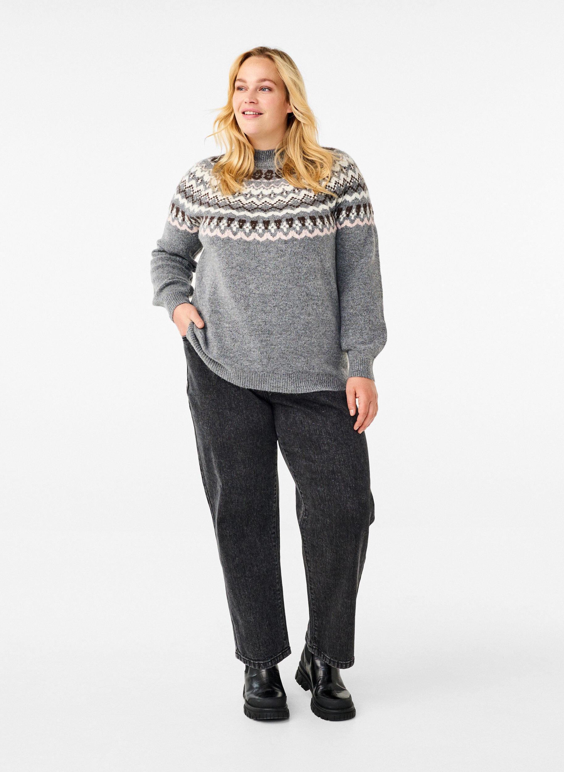 Zizzi Dzianinowy, wzorzysty sweter z dlugimi rekawami, Medium Grey Comb, Model image number 2