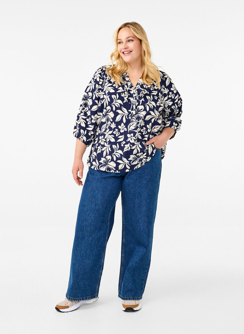 Bawelniana bluzka z rekawem 3/4 i nadrukiem, Naval Academy Flower, Model image number 2