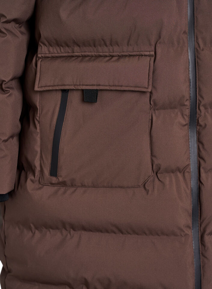 Puchowy plaszcz z kapturem i kieszeniami, Brązowy, Packshot image number 3