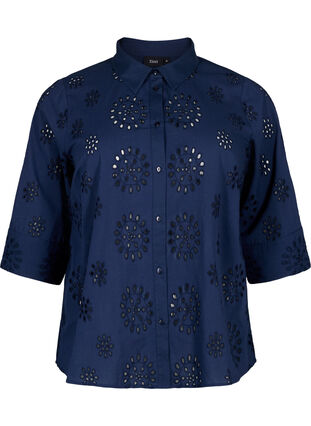 Bluzka koszulowa z haftem angielskim i rekawem 3/4, Navy Blazer, Packshot image number 0