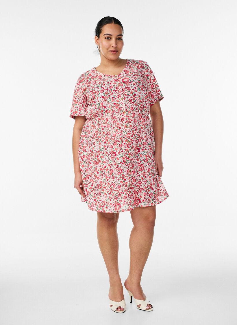 Kr&oacute;tka bawelniana sukienka z kwiatowym nadrukiem, Czerwony, Model image number 1