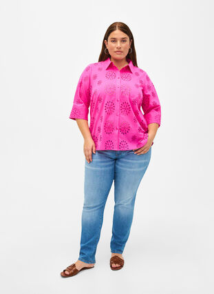 Bluzka koszulowa z haftem angielskim i rekawem 3/4, Raspberry Rose, Model image number 2