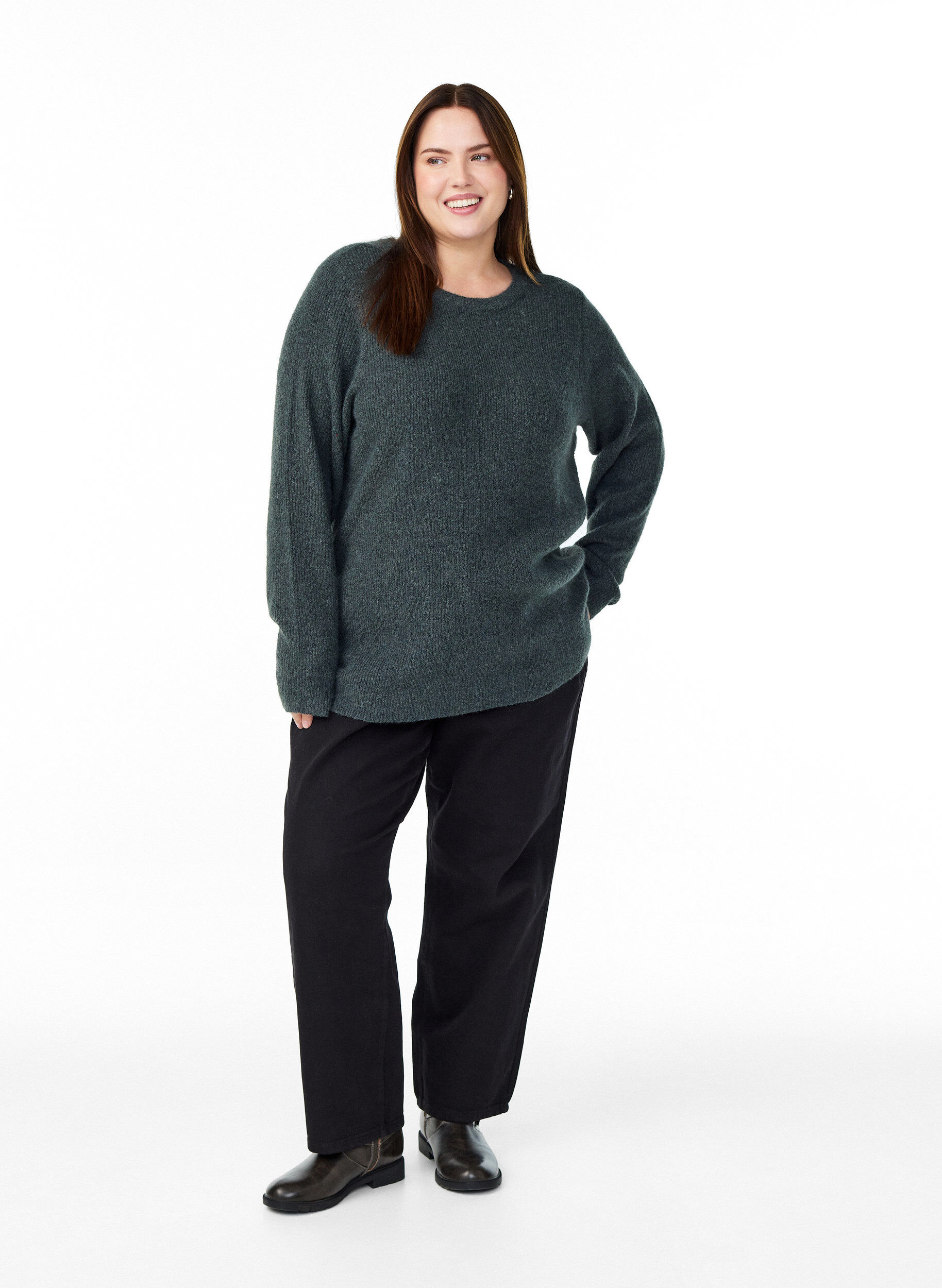 Zizzi Melanzowa dzianinowa bluzka z okraglym dekoltem, Zielony, Model image number 1