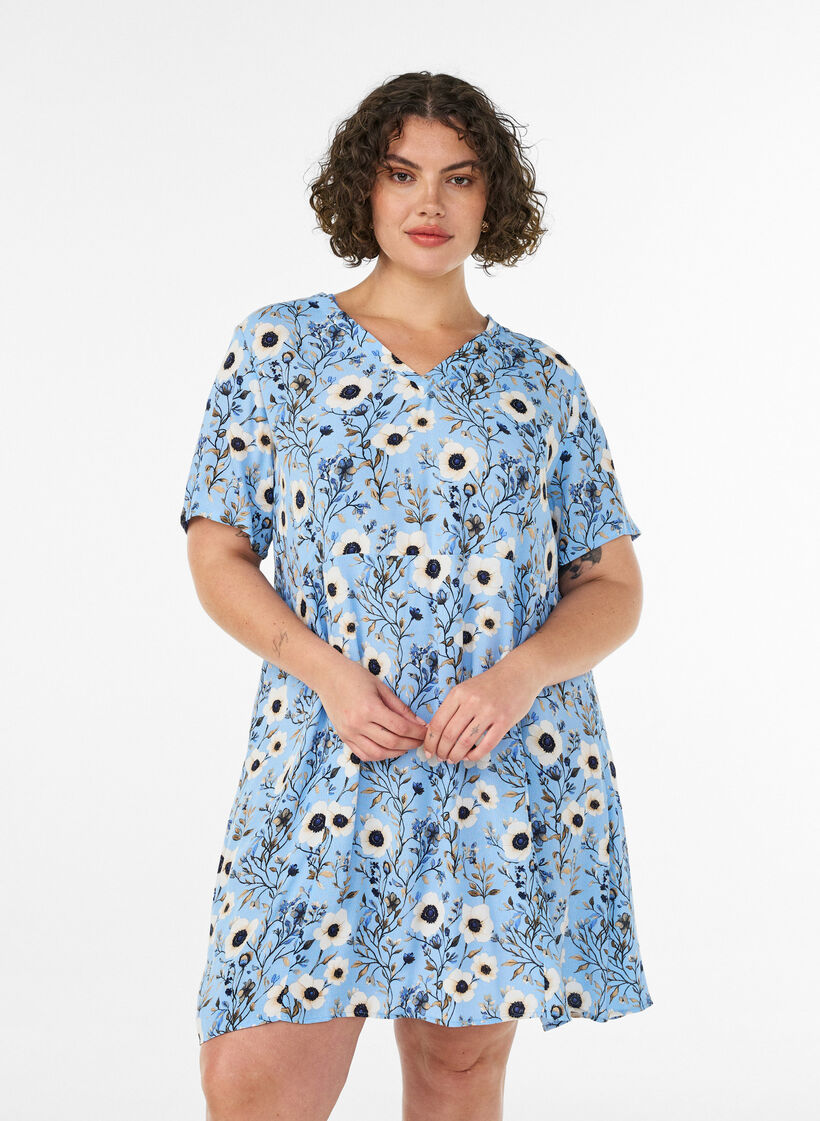 Kr&oacute;tka sukienka z kwiatowym nadrukiem, Niebieskie, Model image number 0