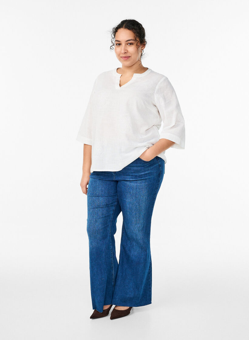 Bluzka bawelniana z haftami i rekawami 3/4, Biały, Model image number 1