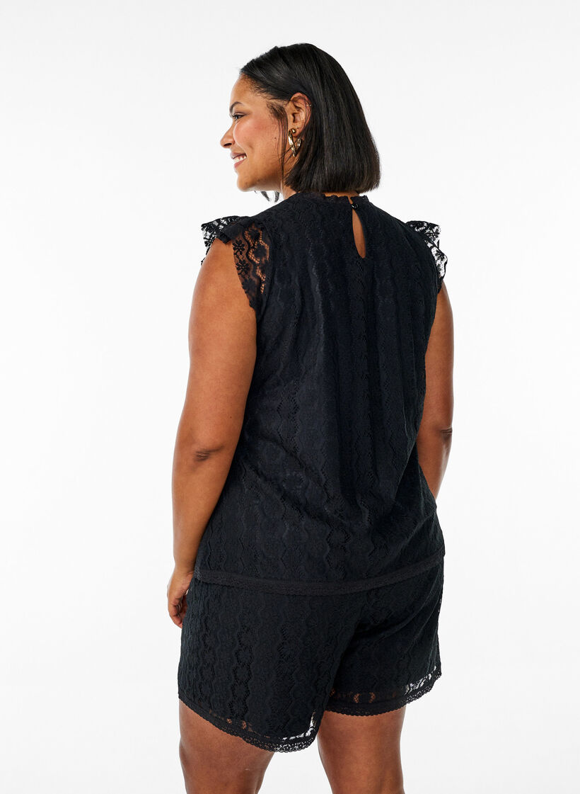Koronkowy top z falbankami, Czarne, Model image number 2