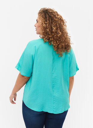 Wiskozowa bluzka z krótkim rekawem i dekoltem w szpic, Turquoise, Model image number 1