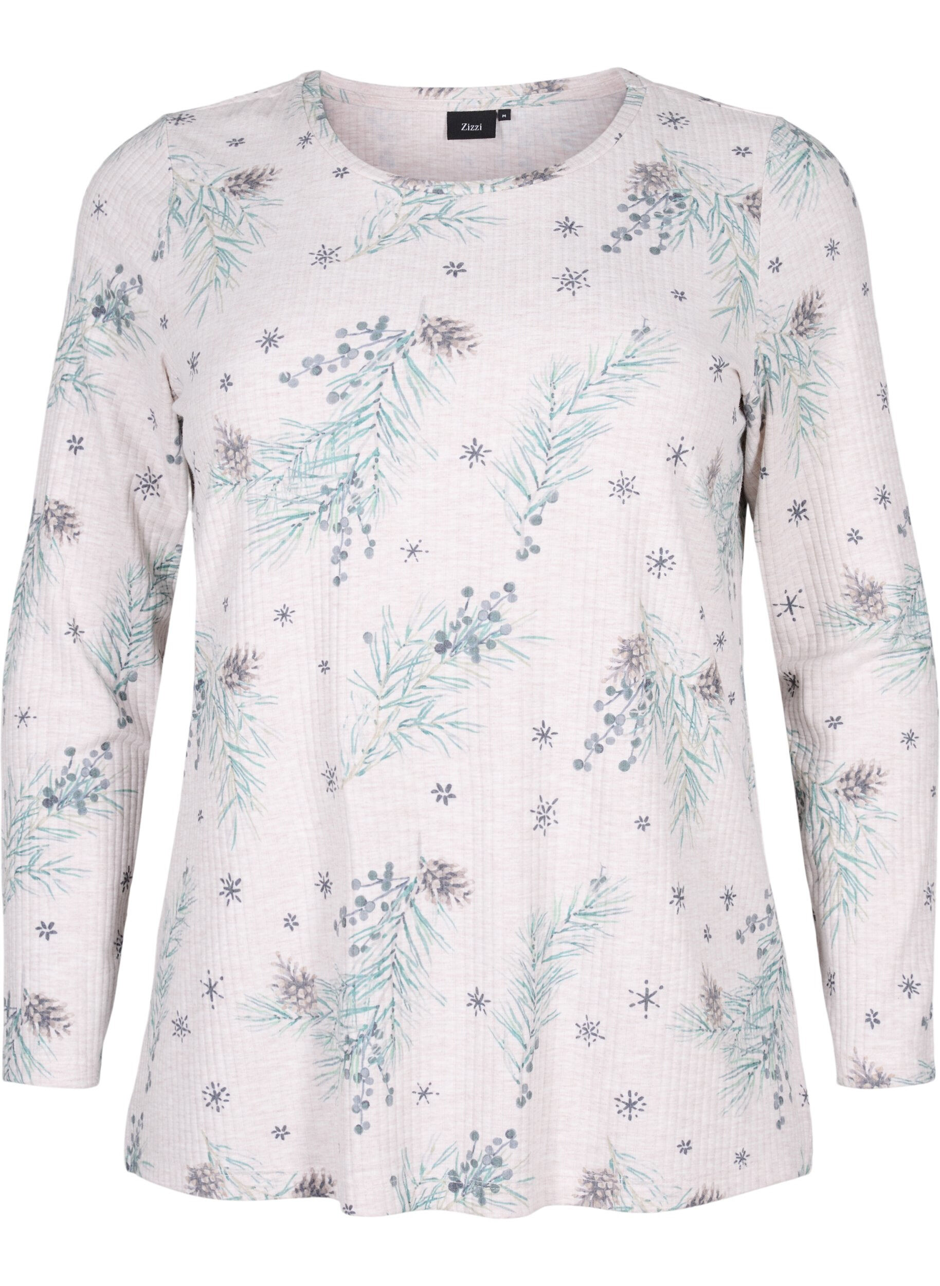 Zizzi Long-sleeved top in rib, Natural M&eacute;l AOP Gran, Packshot image number 0