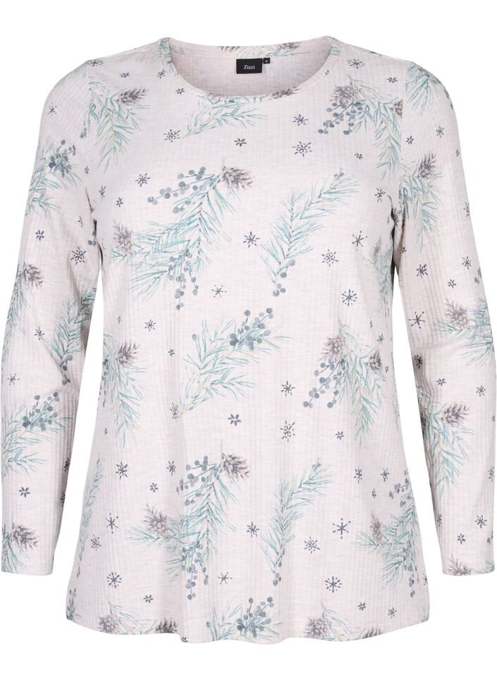 Long-sleeved top in rib, Natural Mél AOP Gran, Packshot image number 0
