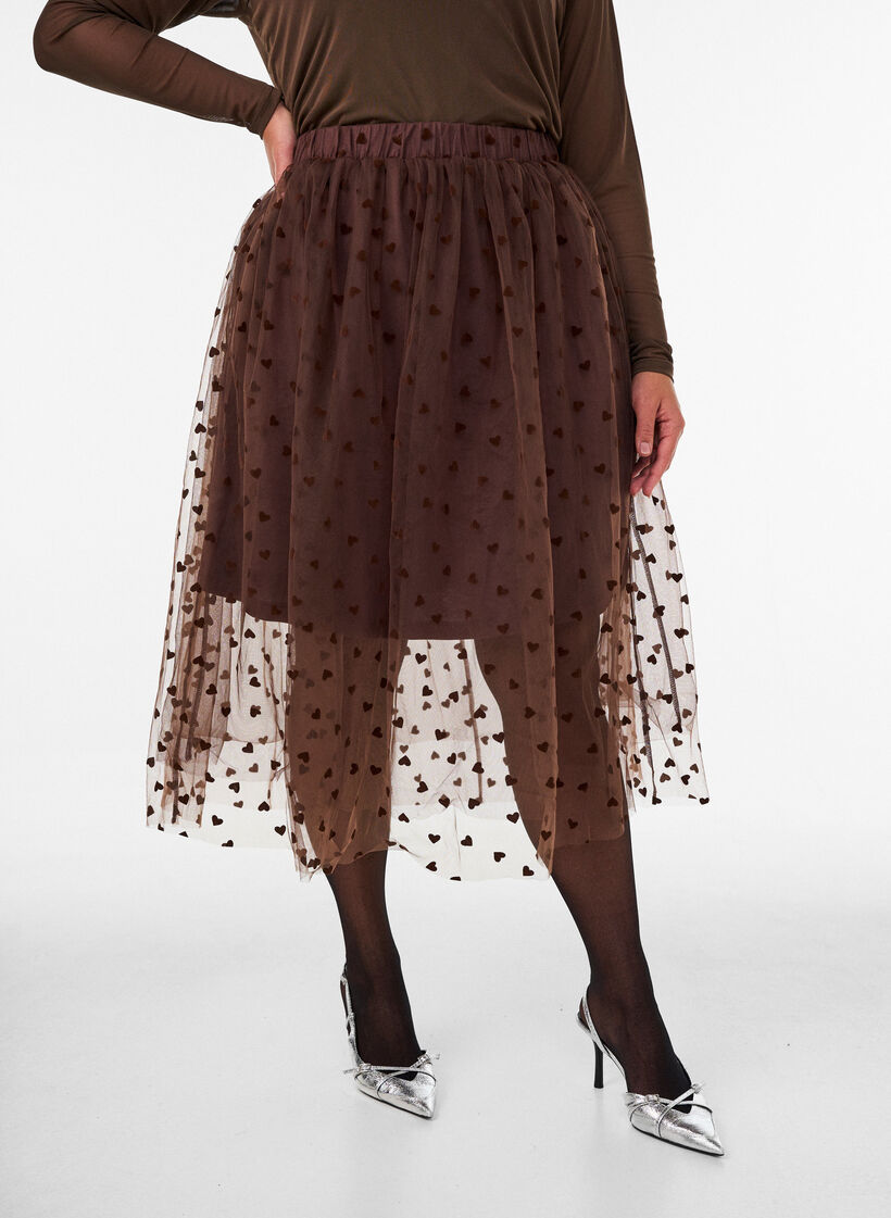 Tiulowa sp&oacute;dnica midi w serca, Brązowy, Model image number 3