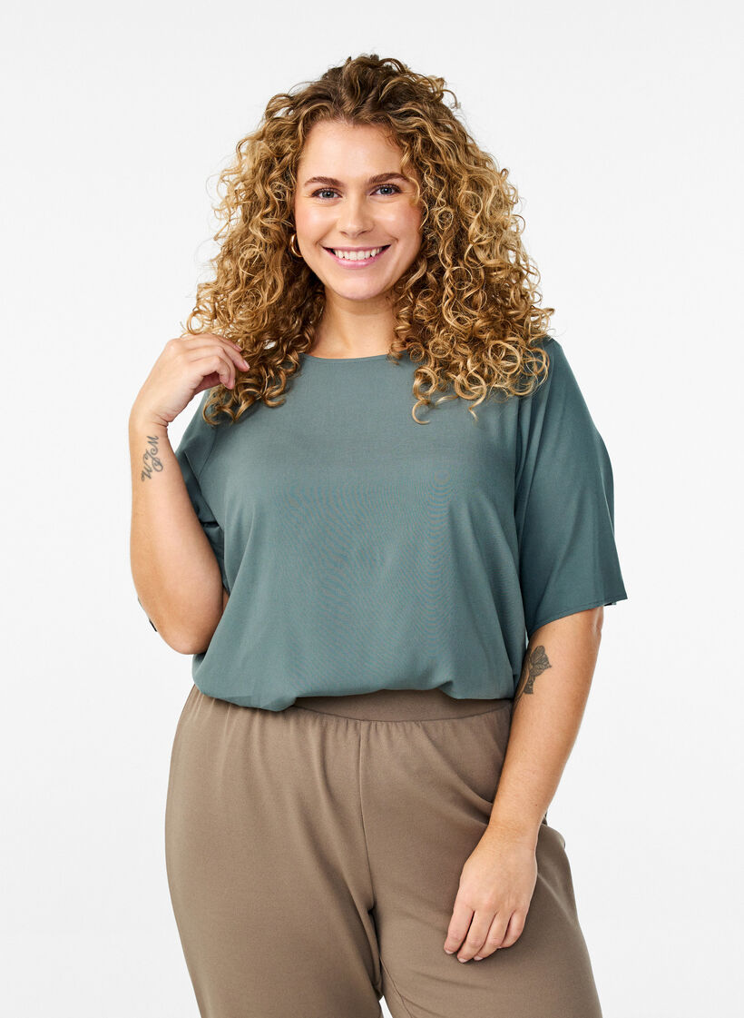 Tkana bluzka z kr&oacute;tkim rekawem i okraglym dekoltem, Zielony, Model image number 0