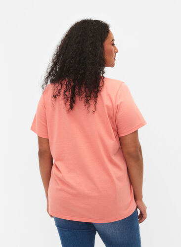 T-shirt z krótkim rekawem i dekoltem w szpic, Bright Coral, Model image number 1