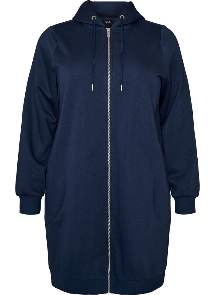 Dluga bluza z kapturem, zamkiem blyskawicznym i kieszeniami, Niebieskie, Packshot image number 0
