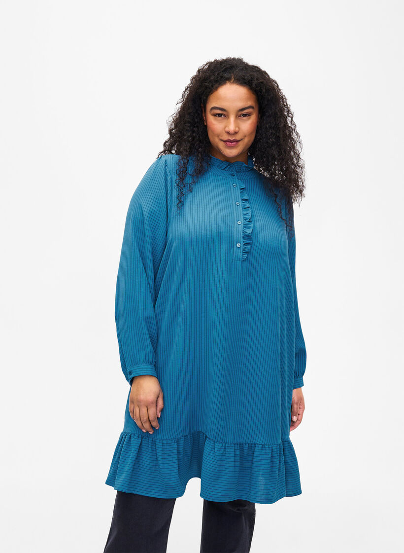 Sukienka w paski z falbanami, Niebieskie, Model image number 0