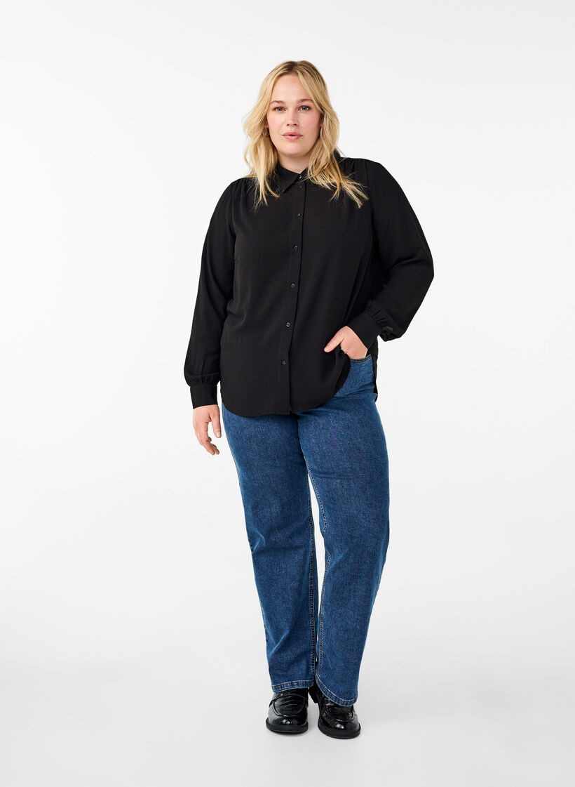 Jednokolorowa koszula z kolnierzykiem, Black, Model image number 2