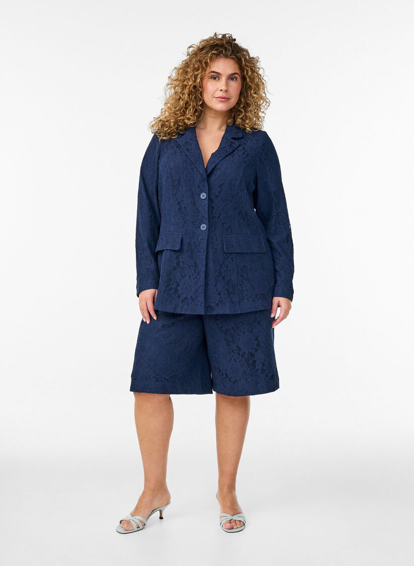 Koronkowy blezer zapinany na guziki, Niebieskie, Model image number 1