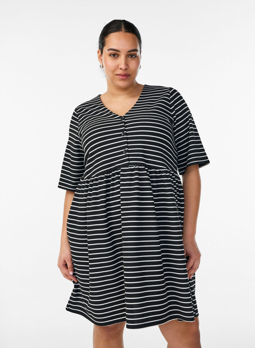 Sukienka o prazkowanej fakturze i kroju empire, Biały, Model image number 0