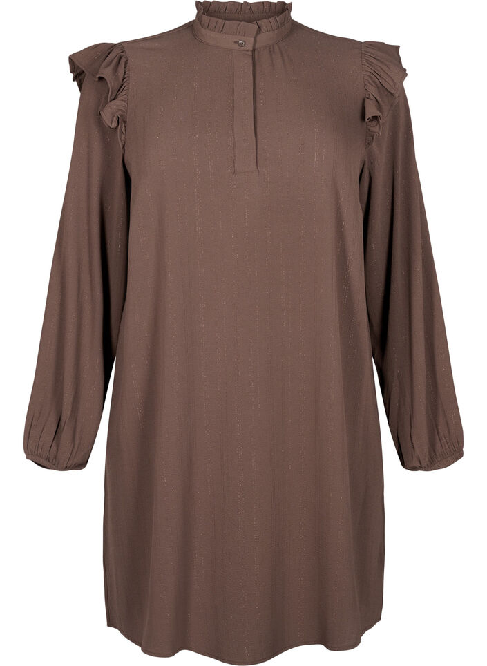 Krótka sukienka z marszczeniami i brokatem, Brązowy, Packshot image number 0