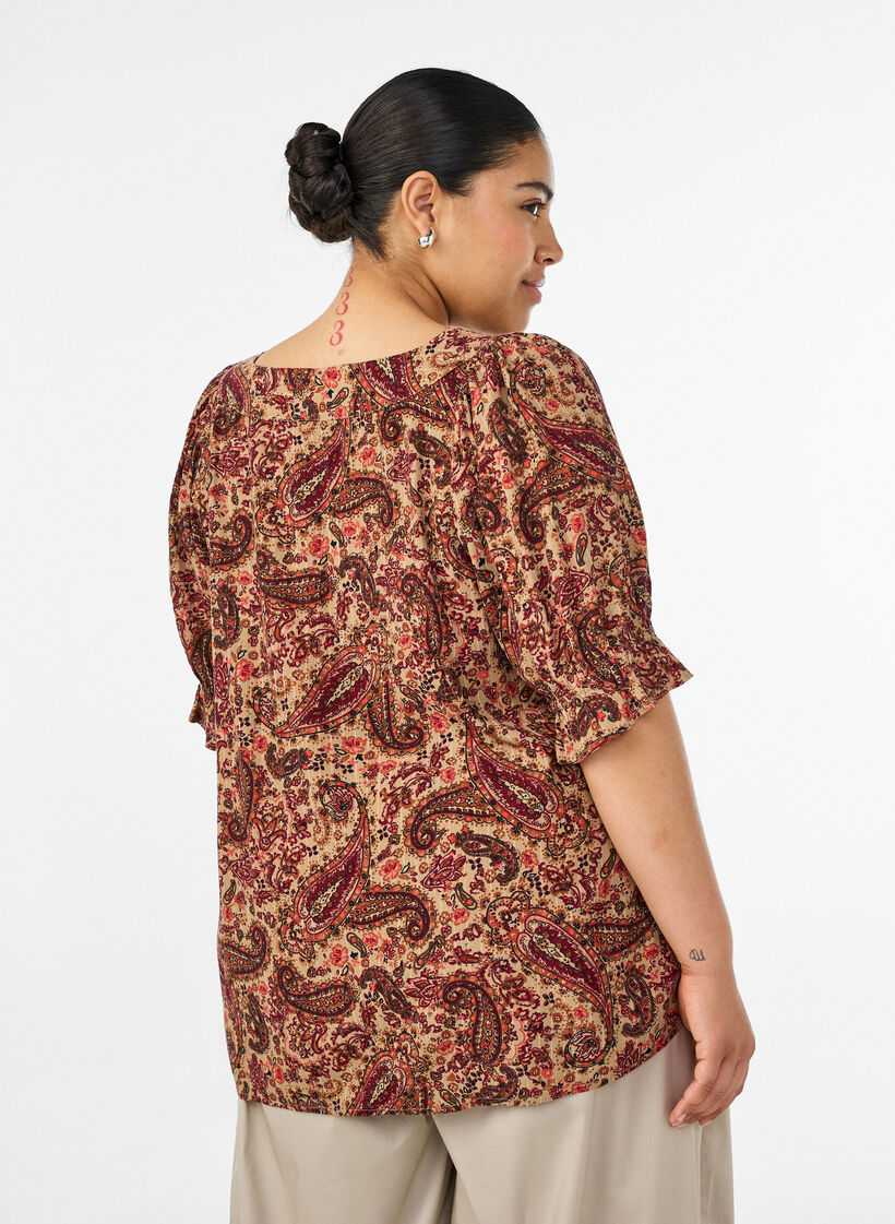 Bluzka z wiskozy z paisley nadrukiem i kwadratowym dekoltem, Brązowy, Model image number 2