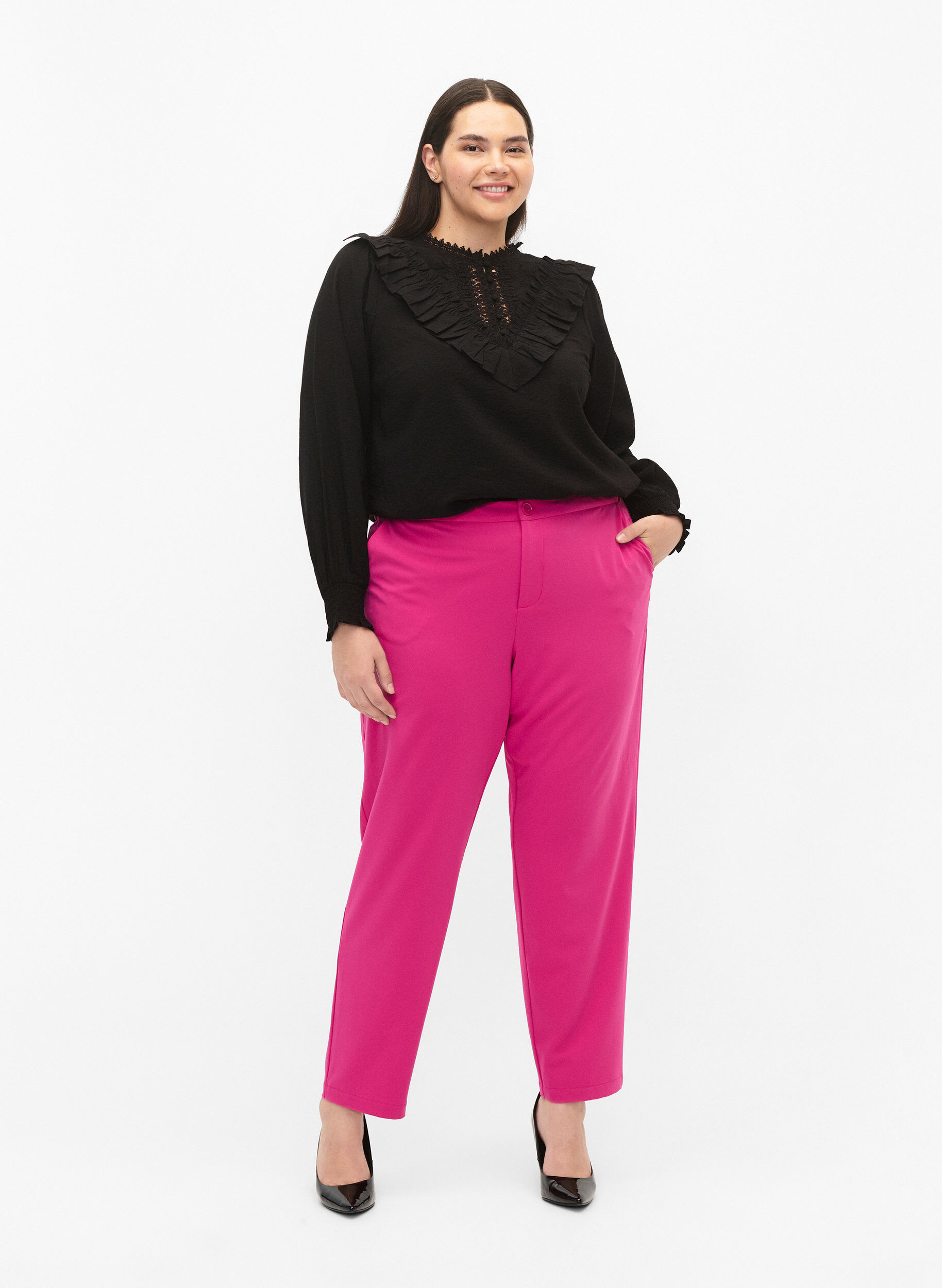 Zizzi Bluzka z wiskozy z falbanami i haftem, Black, Model image number 2