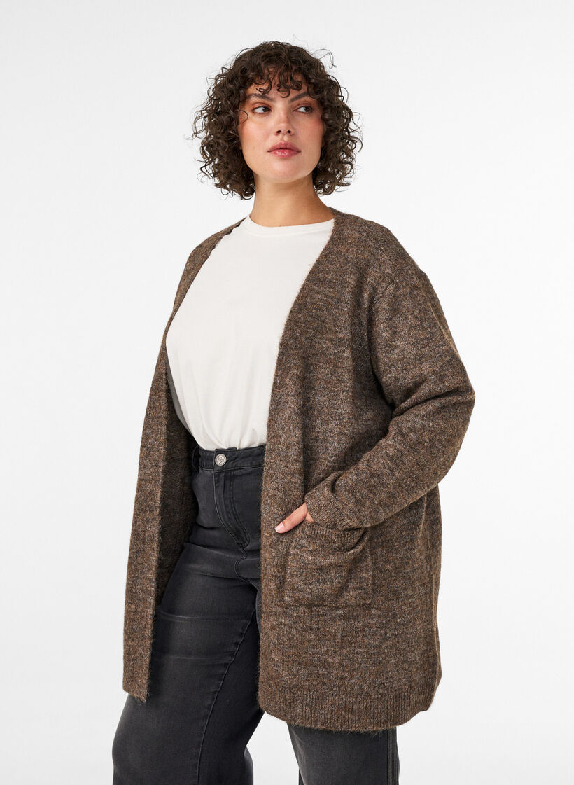 Dlugi kardigan z kieszeniami, Brązowy, Model image number 0