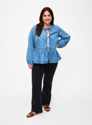 Dzinsowa bluzka z baskinka i wiazaniem, Light Blue w.Flowers, Image image number 0