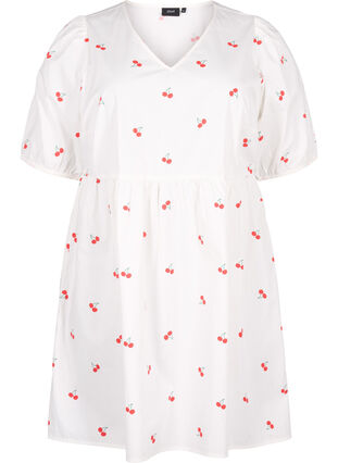 Trapezowa sukienka z wisniowym nadrukiem, B. White/Cherry, Packshot image number 0