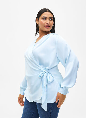 Satynowa bluzka wieczorowa z chusta, Delicate Blue, Model image number 0