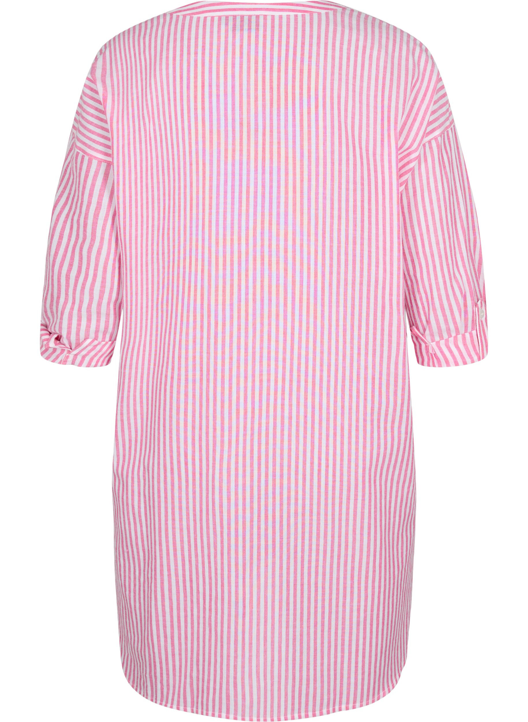 Zizzi Striped tunic with v neck and buttons, Beetroot Stripe, Packshot image number 1