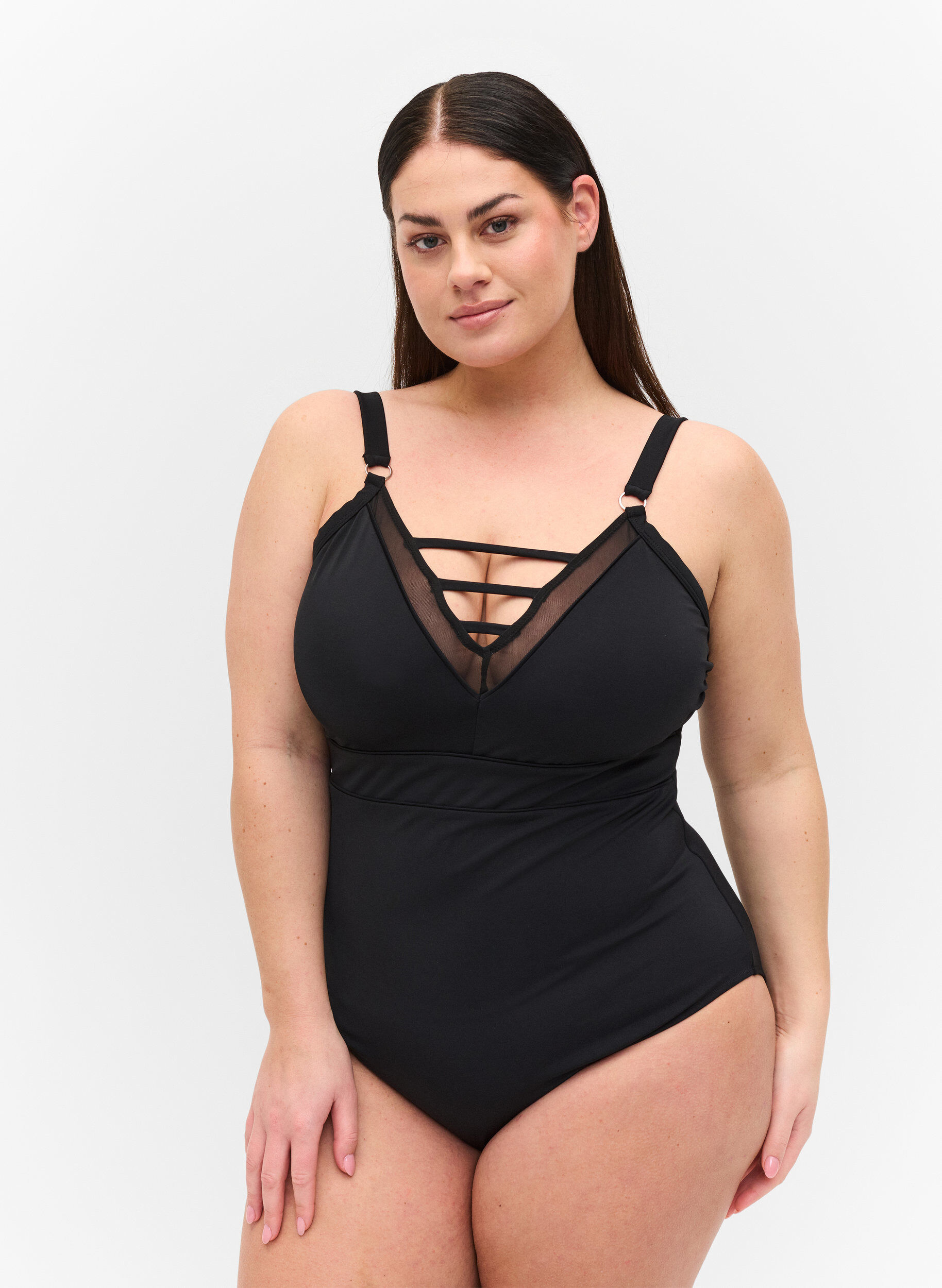 Zizzi Swimsuit with V-neck and mesh, Black, Model image number 0