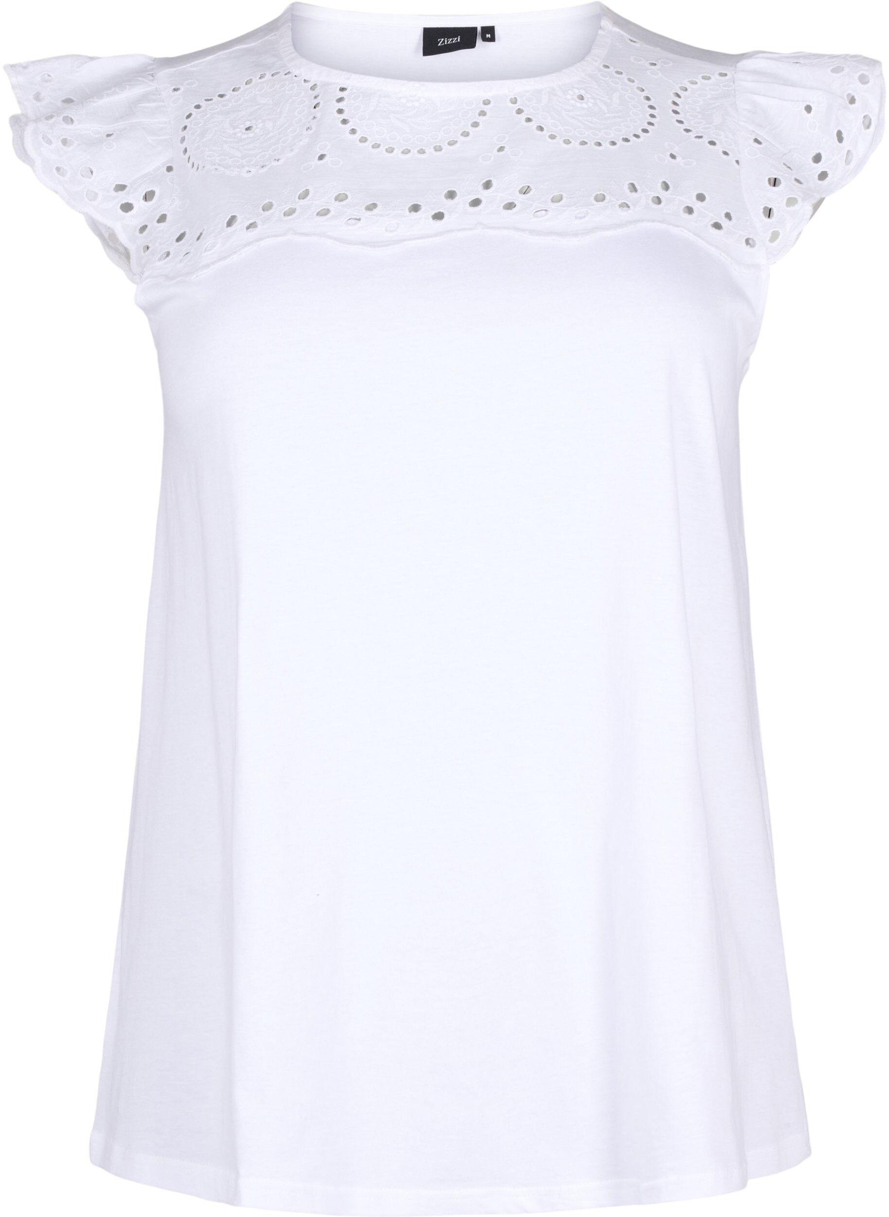Zizzi T-shirt z organicznej bawelny z haftem angielskim, Bright White, Packshot image number 0
