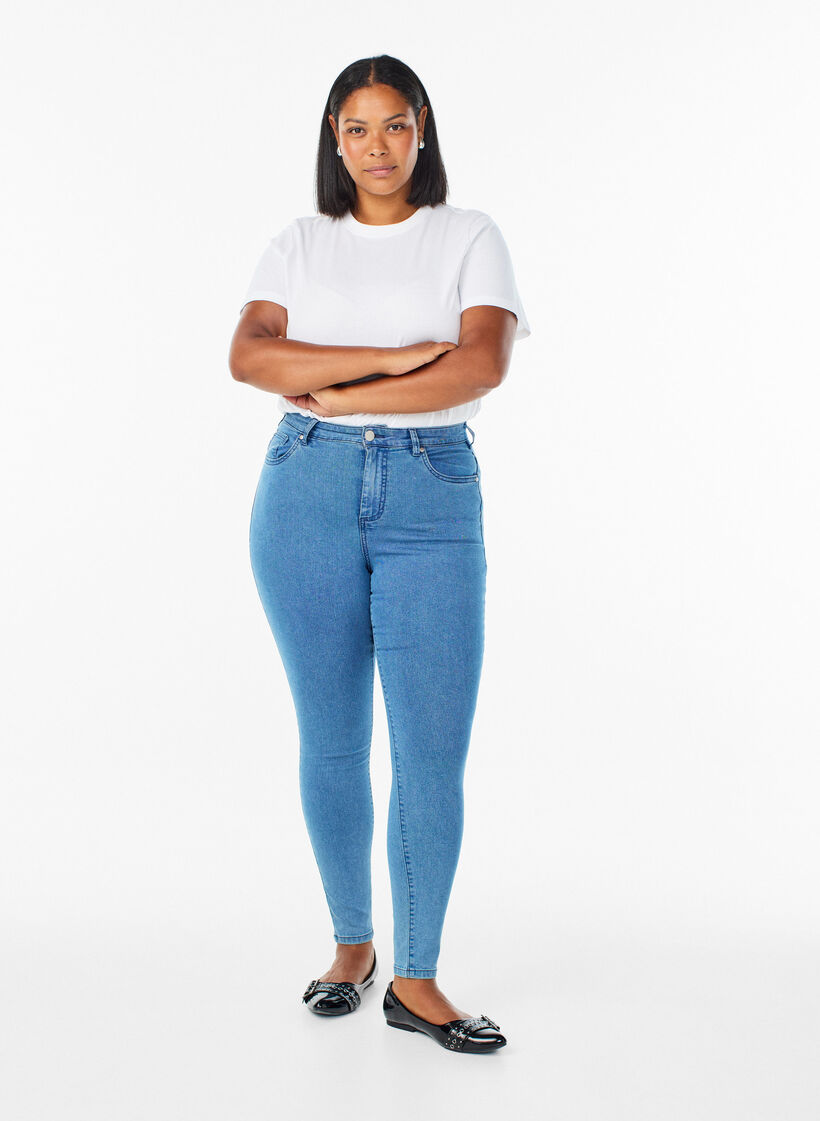 Jeansy super slim z wysokim stanem Amy, Niebieskie, Model image number 0