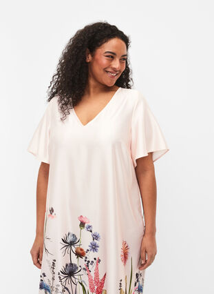 Sukienka midi z nadrukiem w kwiaty i krótkimi rekawami, White Sand, Model image number 2